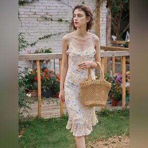 Simple Retro Kama Floral Butter Yellow Chiffon Slip Dress size XS cottage core